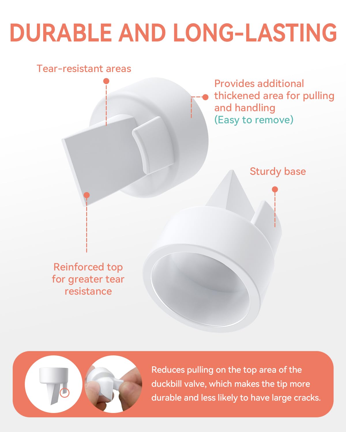 MilkFlow reinforced duckbill valves with easy-grip base for daily use.
