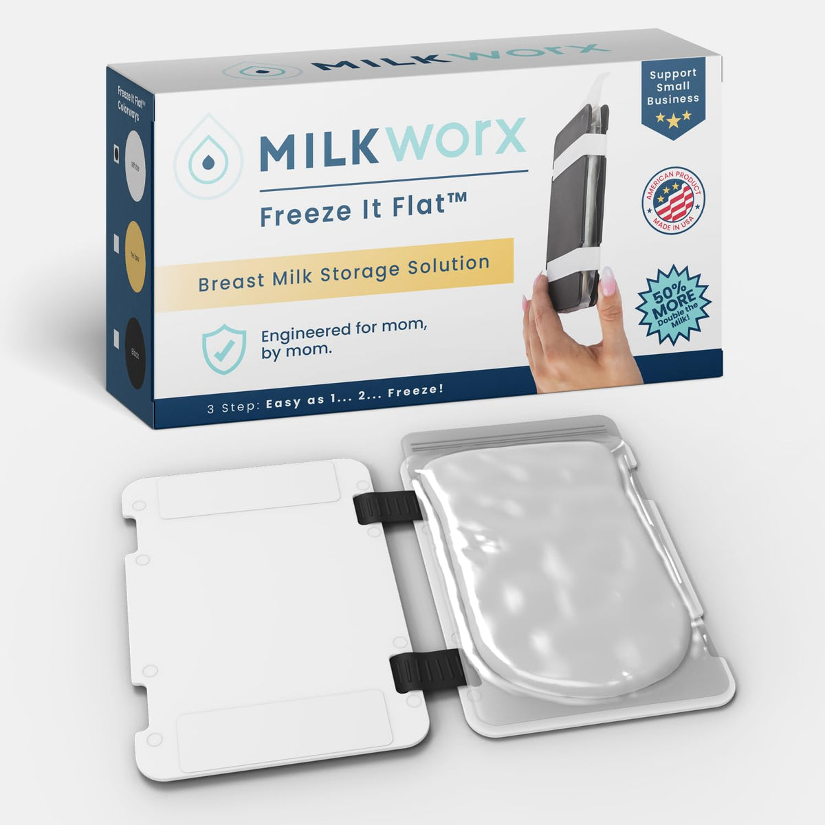 MilkWorx Freeze It Flat organizer with breast milk bags in the freezer.