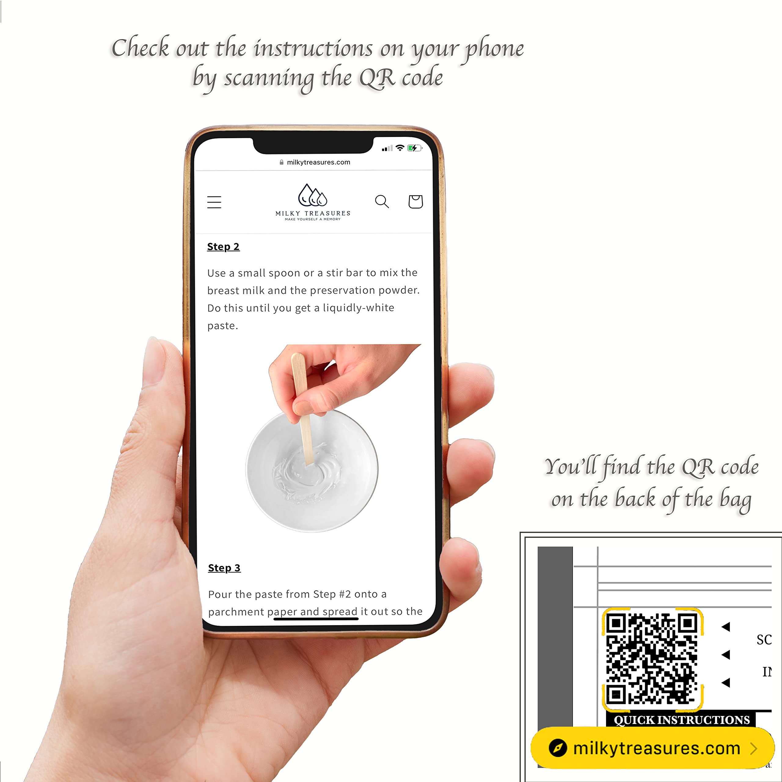 Milky Treasures preservation powder QR code on bag with setup instructions