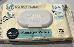 Millie Moon Sensitive Wipes packaging showing plant-based formula for gentle, on-the-go cleansing.