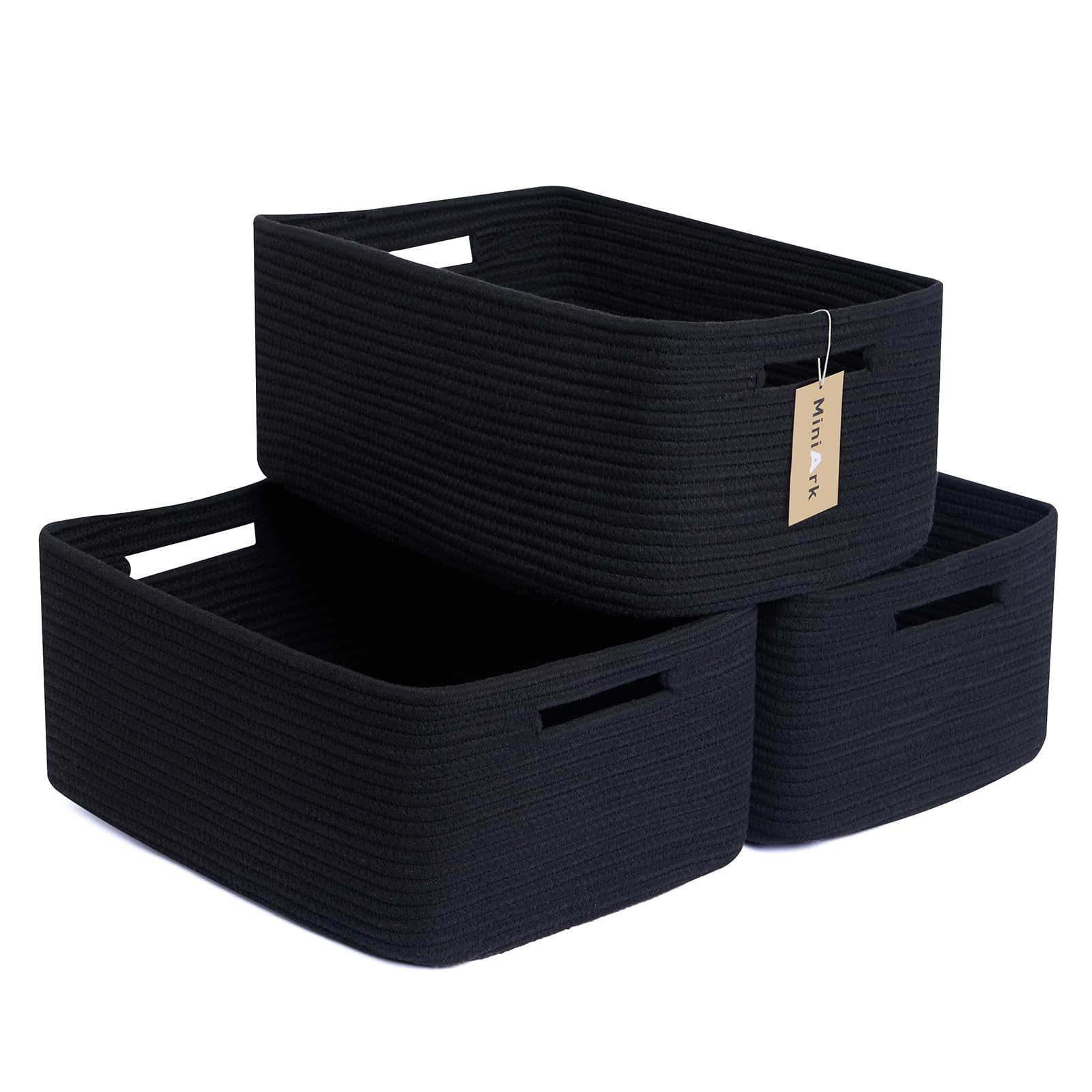 MiniArk large storage baskets 3-pack neatly organized on shelf for easy access.
