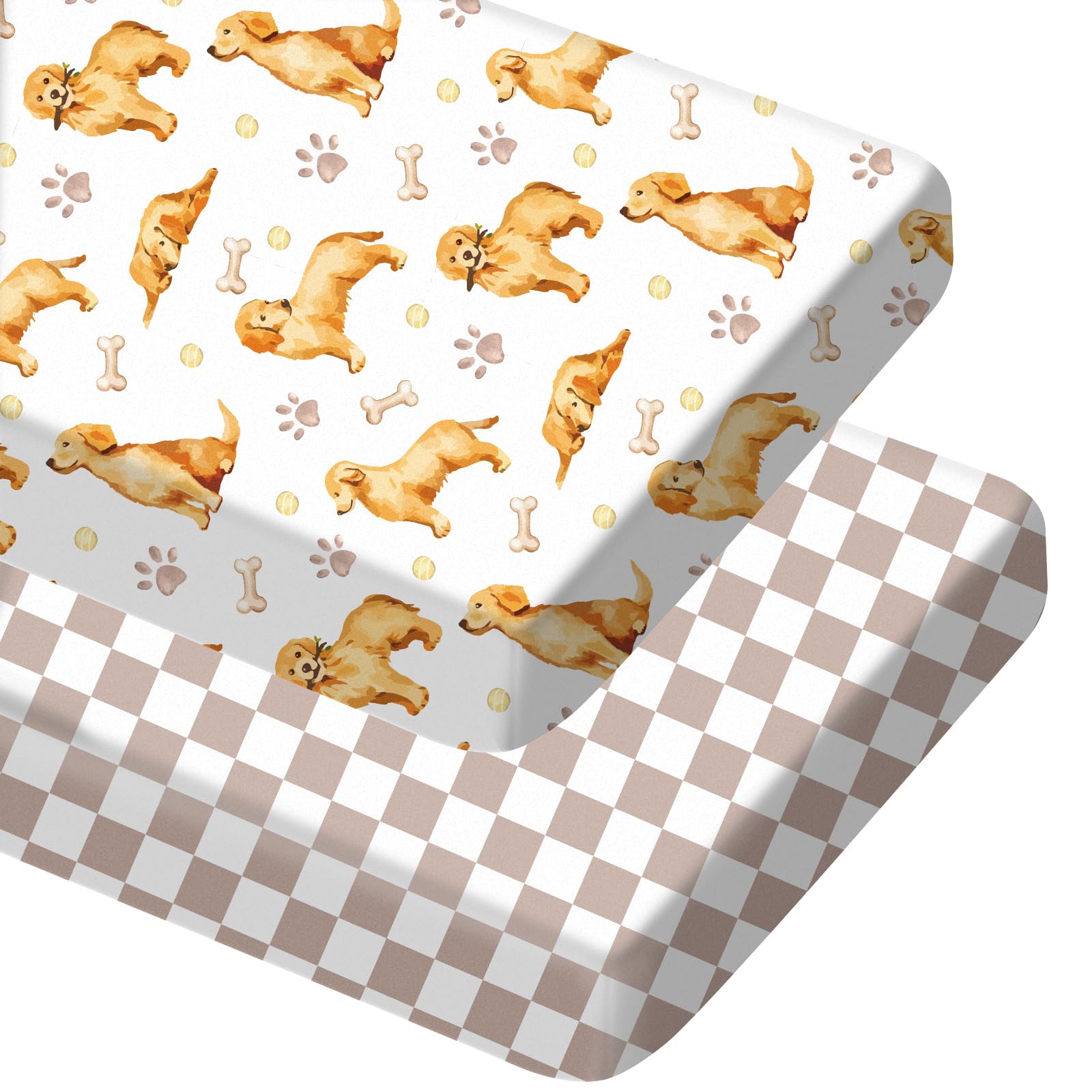 Mindsoft golden retriever crib sheet set on a standard crib with snug fit.