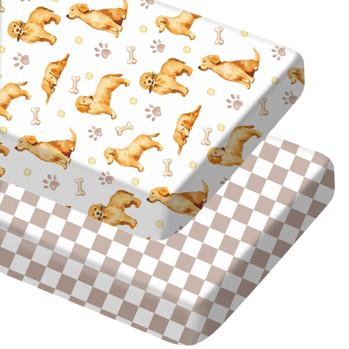 Mindsoft golden retriever crib sheet set on a standard crib with snug fit.