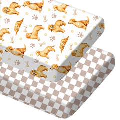 Mindsoft golden retriever crib sheet set on a standard crib with snug fit.