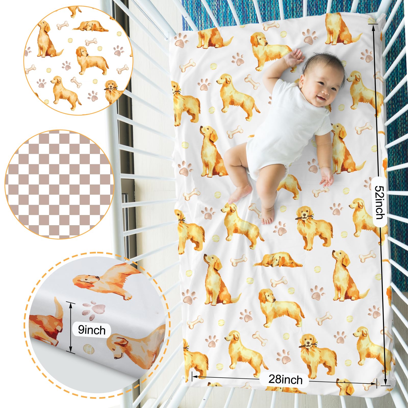 Close-up of 3D footprints and bone motifs on Mindsoft crib sheet.