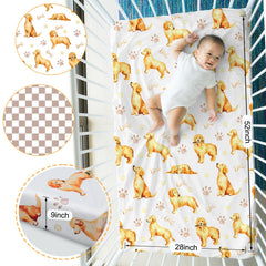Close-up of 3D footprints and bone motifs on Mindsoft crib sheet.