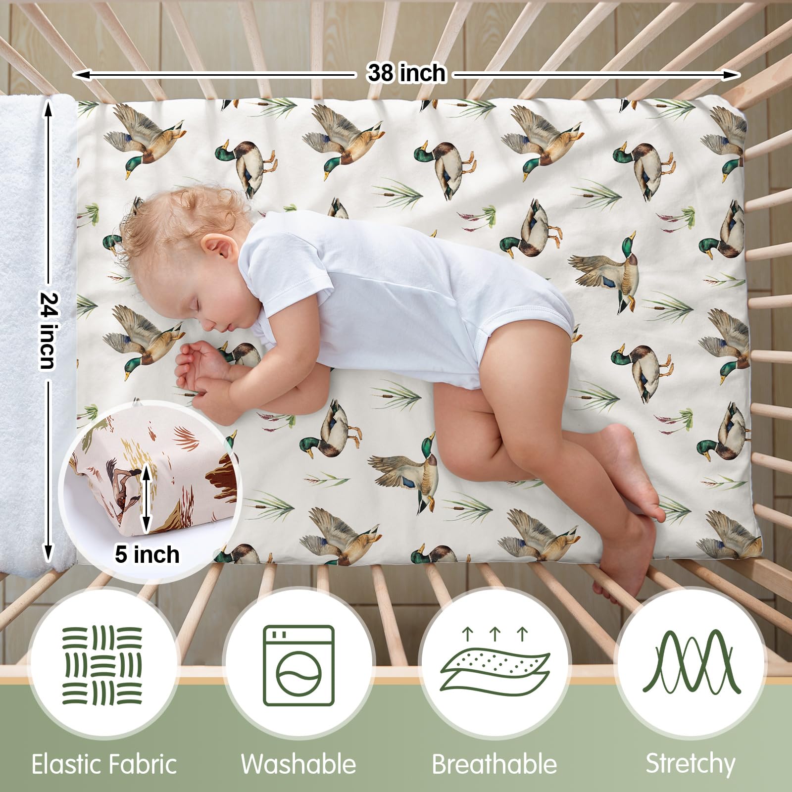 Mindsoft Mallard Duck crib sheets in a mini crib showing a playful nursery accent