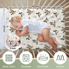 Mindsoft Mallard Duck crib sheets in a mini crib showing a playful nursery accent