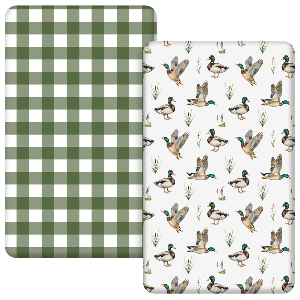 Mindsoft Mallard Duck crib sheets pack in a mini crib offering soft breathable comfort for baby