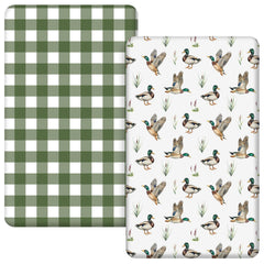 Mindsoft Mallard Duck crib sheets pack in a mini crib offering soft breathable comfort for baby