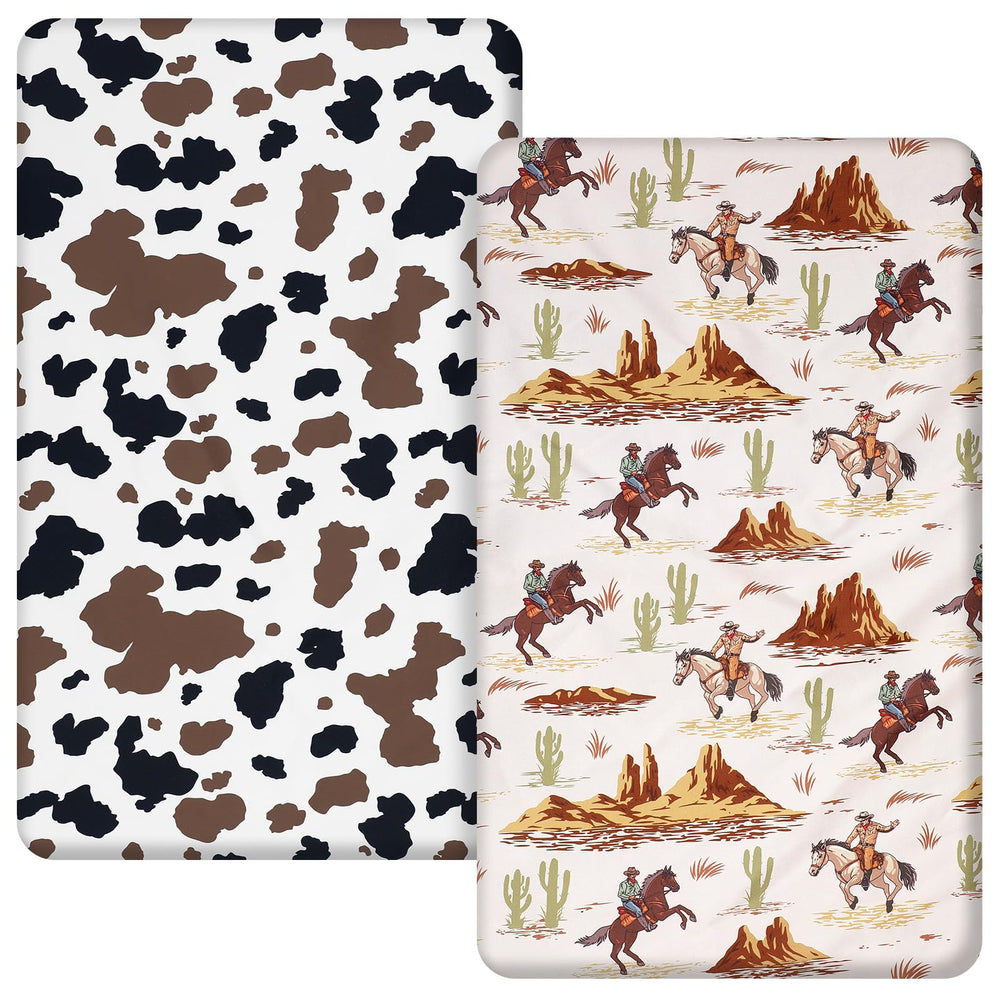 Mindsoft Western Cowboy crib sheet set folded, showing soft fabric for easy changes.