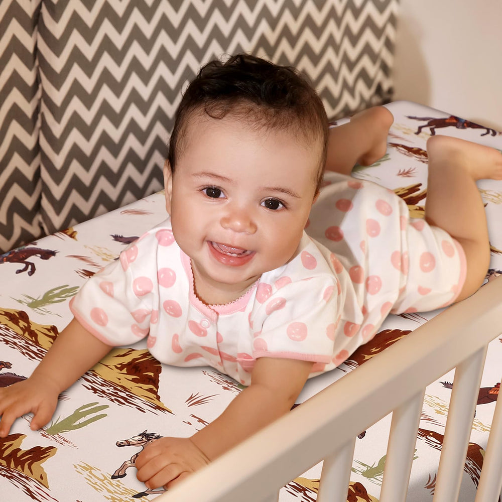 Mindsoft Western Cowboy crib sheet two-pack displayed for busy parents.