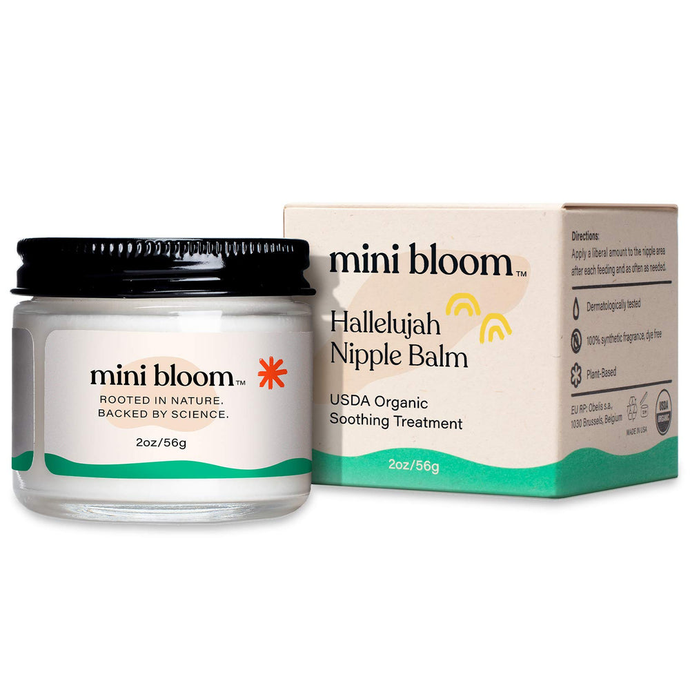 Mini Bloom Hallelujah Nipple Balm jar close-up, soothing formula for sensitive nipples