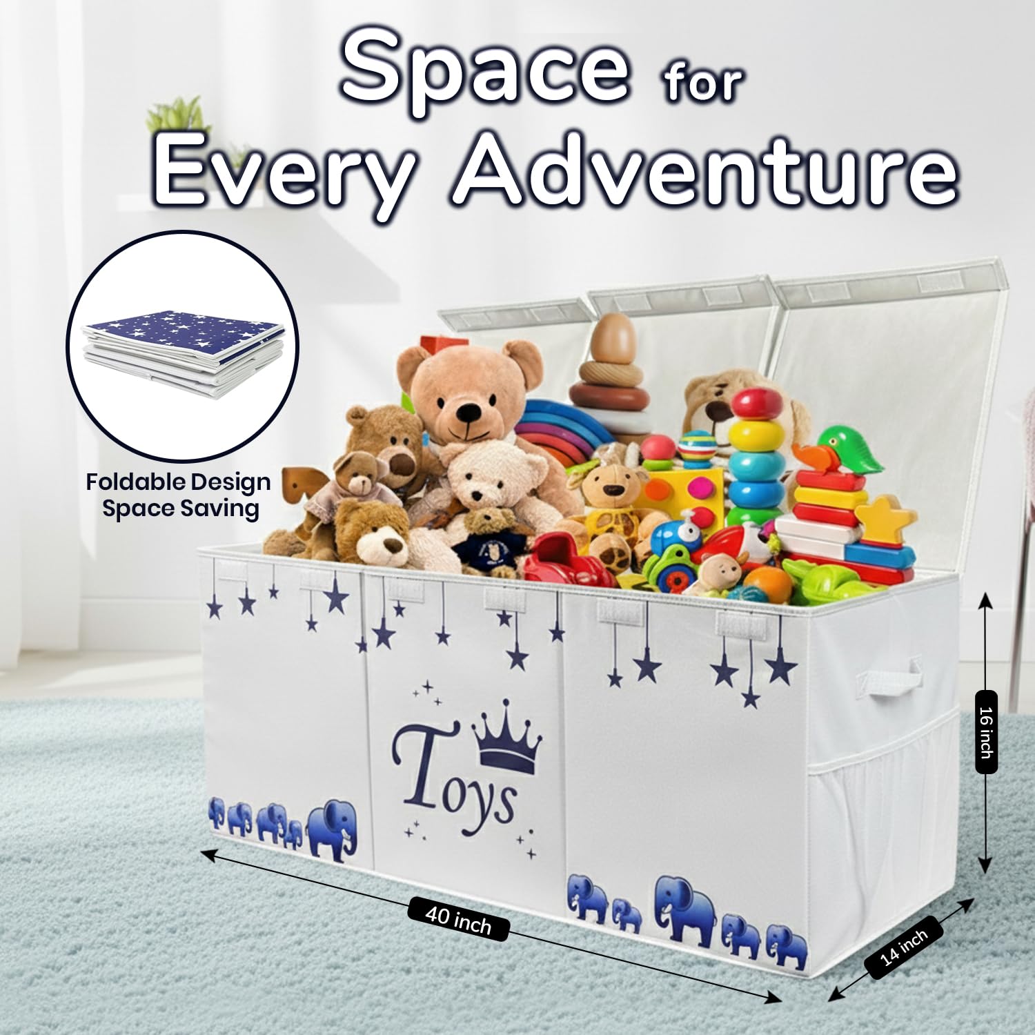 mini hide extralarge toy box collapsed flat for space-saving storage under beds or shelves.