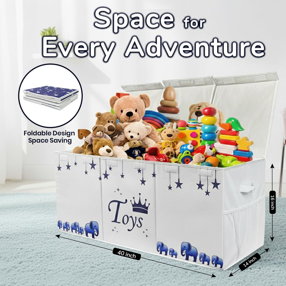 mini hide extralarge toy box collapsed flat for space-saving storage under beds or shelves.