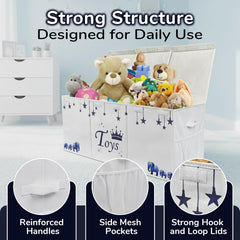 mini hide extralarge toy box with removable dividers keeps books and plushies organized.
