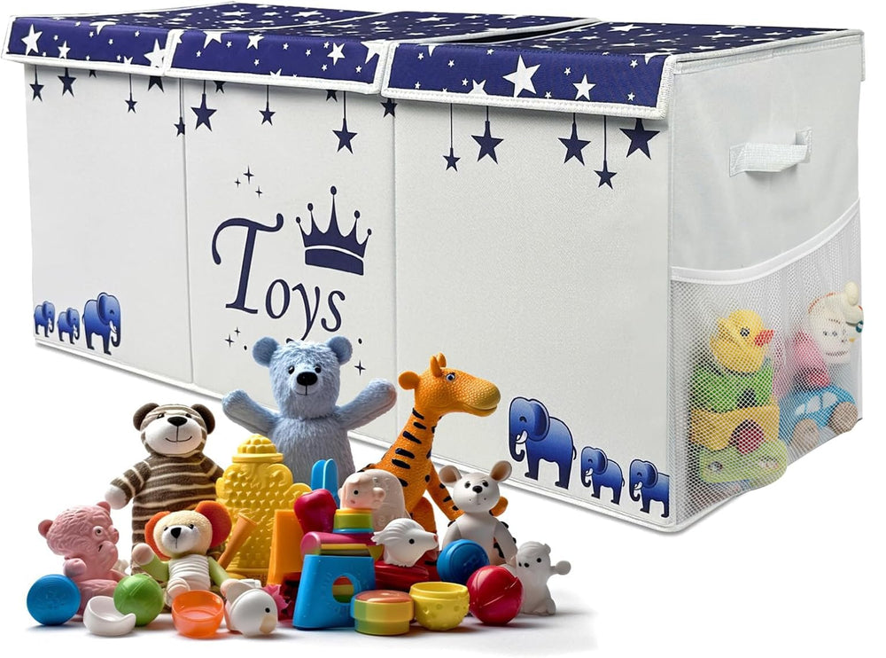 mini hide extralarge toy box front view with lid enables quick cleanups and easy access.