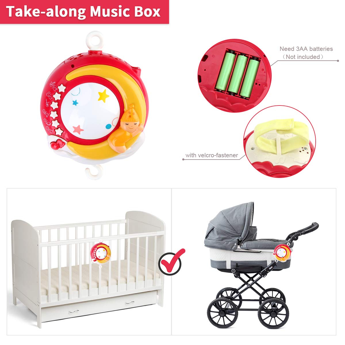Mini Tudou clip-on design fits cribs and strollers for portable calming visuals.