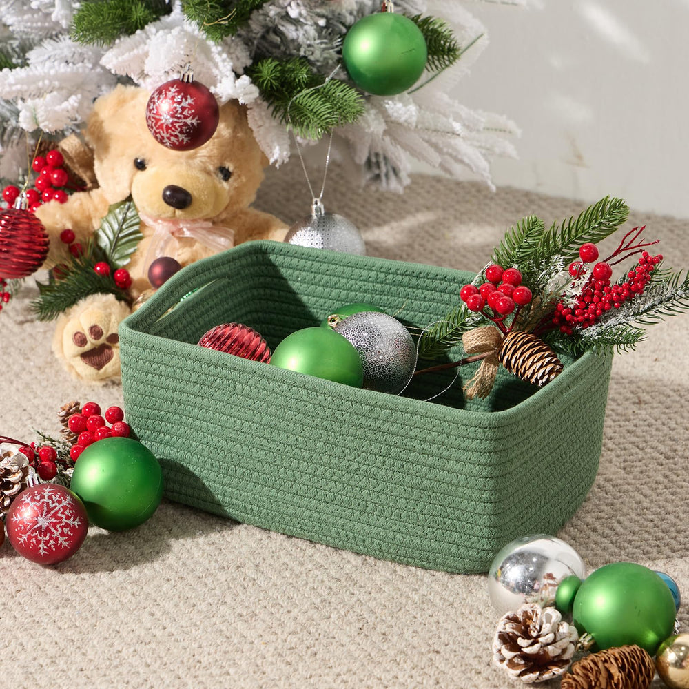MiniArk decorative green basket on a shelf enhances warm, minimalist decor.