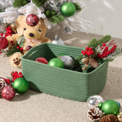 MiniArk decorative green basket on a shelf enhances warm, minimalist decor.