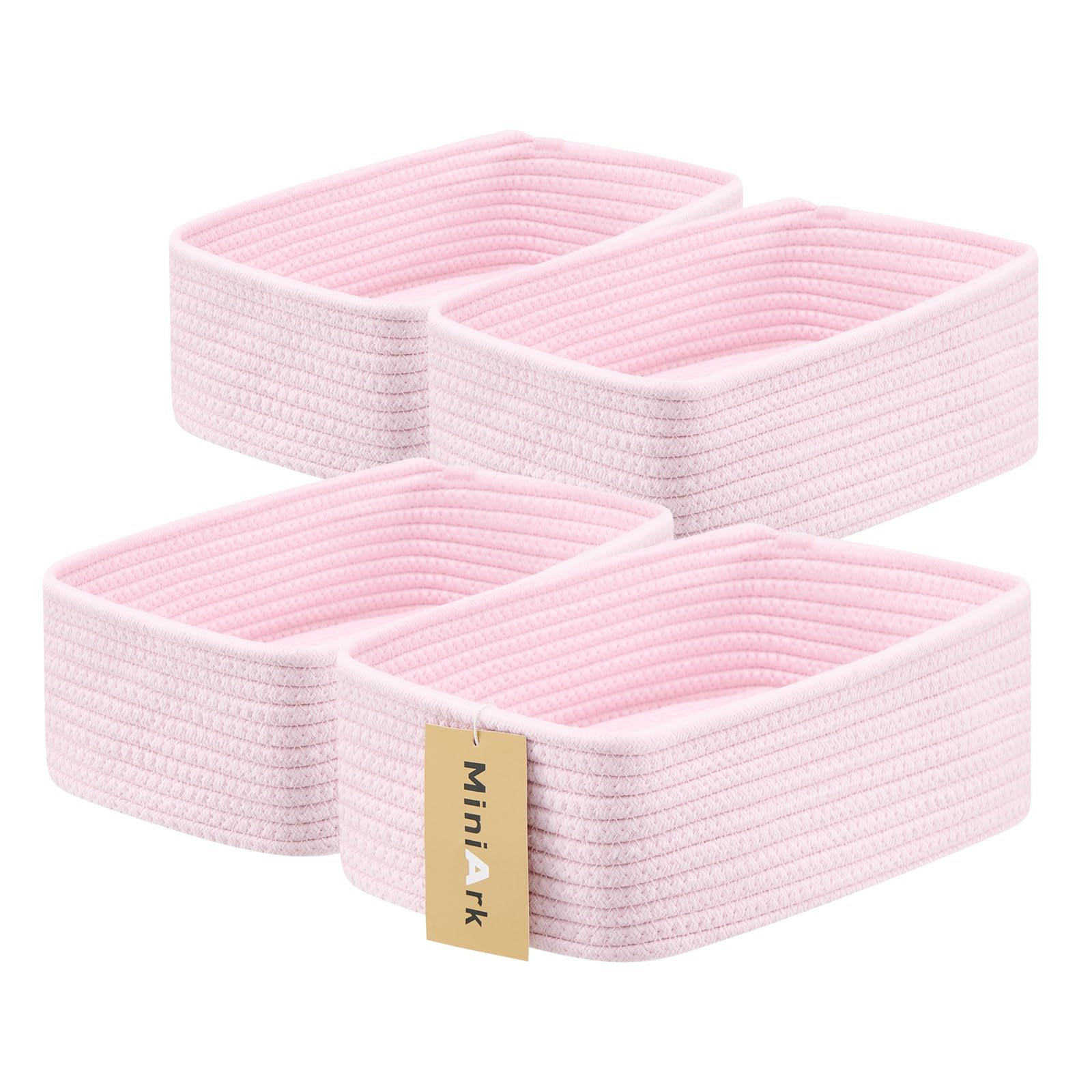 MiniArk compact 4-pack light pink baskets neatly organize small items on a shelf.