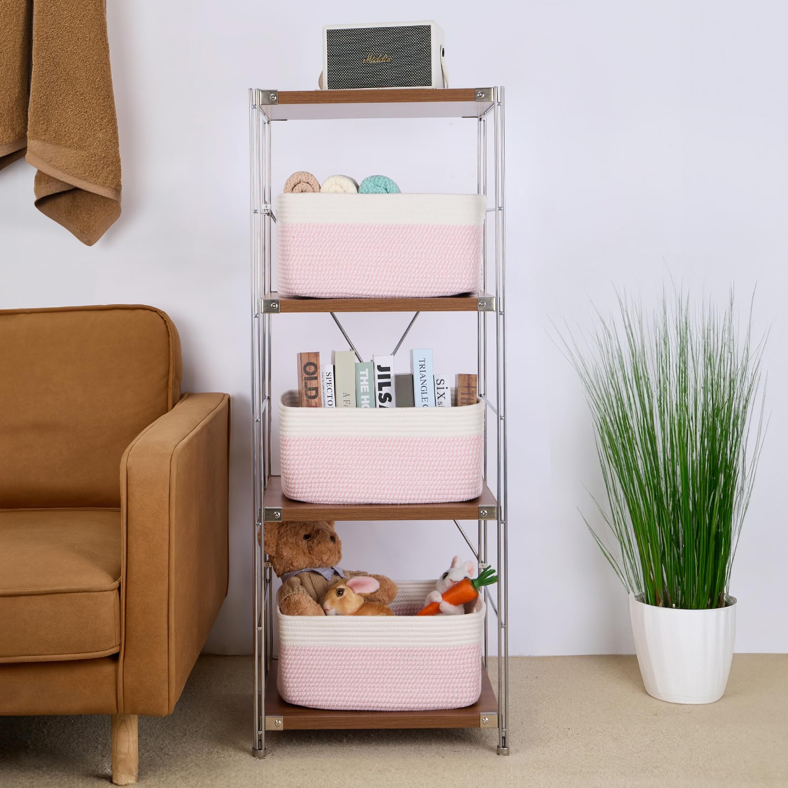 MiniArk pink basket placed in a closet for organization