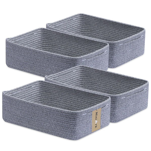 MiniArk large shallow baskets for towels on bathroom shelves.