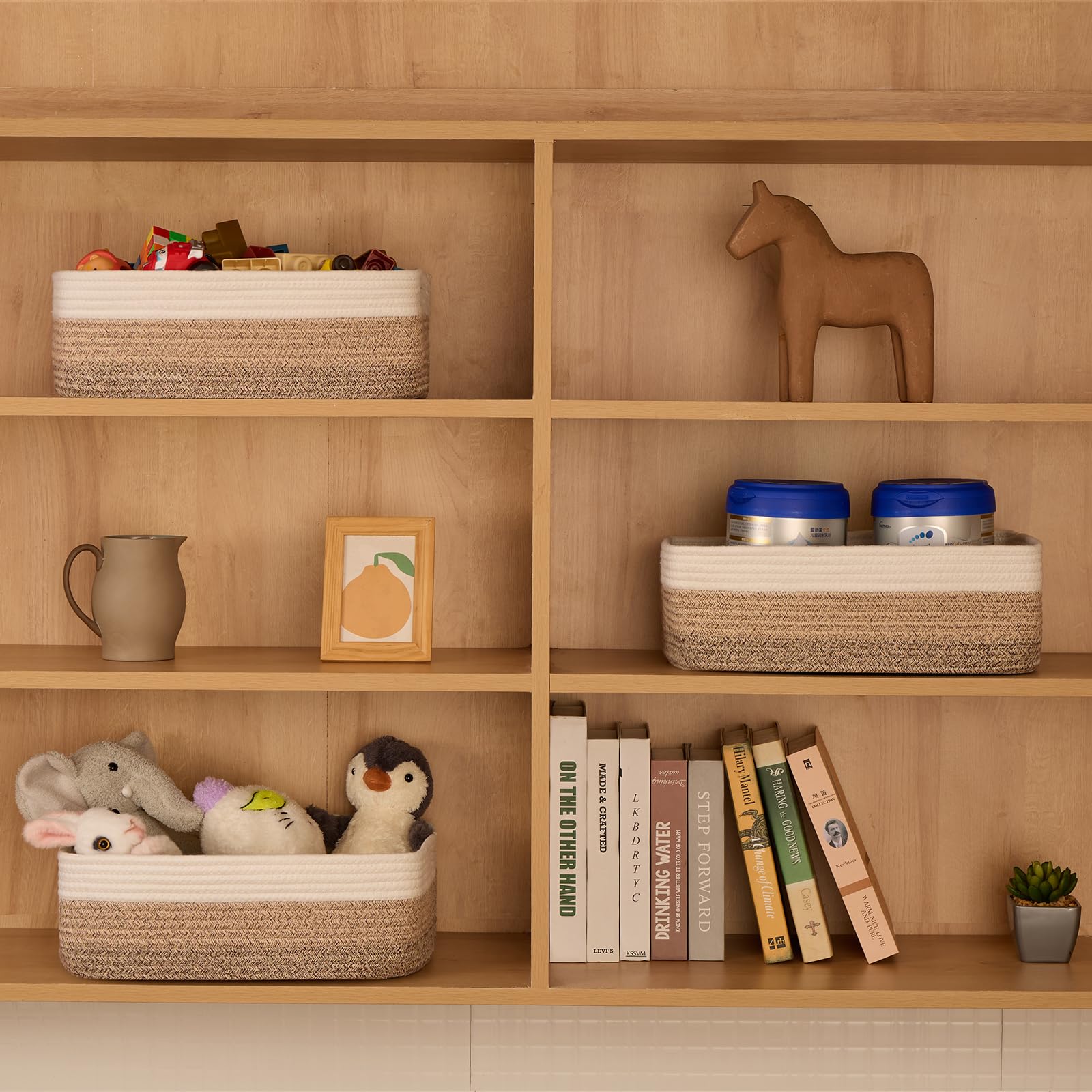 MiniArk baskets organized on a shelf adding texture to a closet