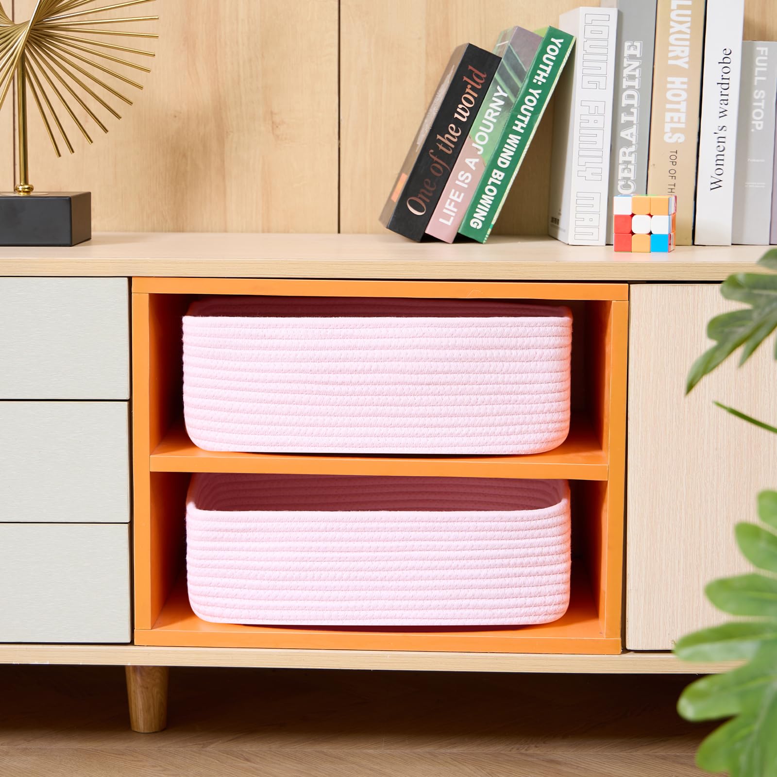MiniArk bathroom organizer basket adds texture to vanity.