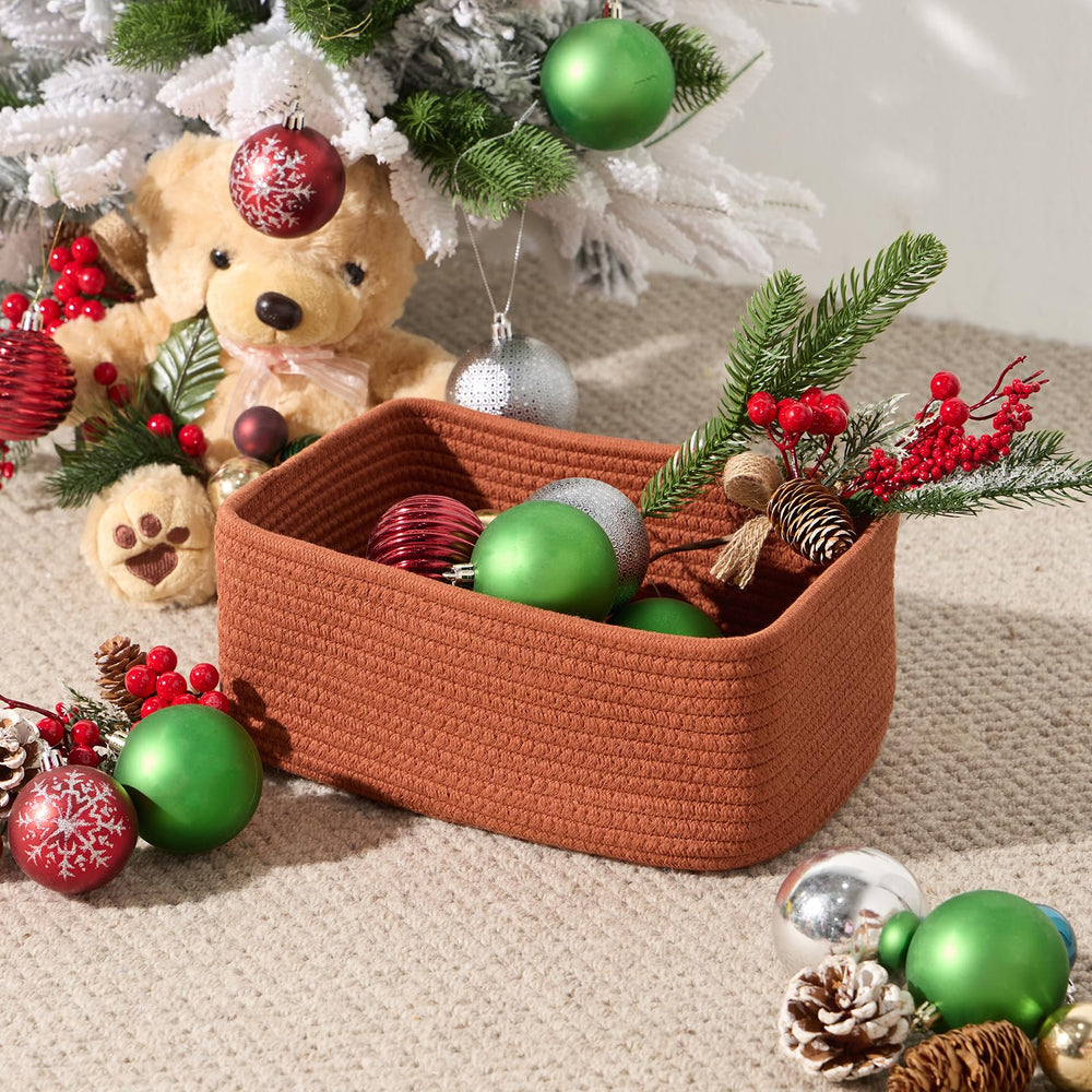 MiniArk closet organizer basket in oxide red tucked on a shelf.