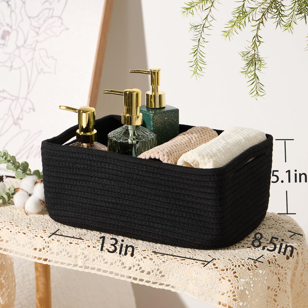 Compact basket on a dresser ideal for cosmetics, jewelry, and small items.