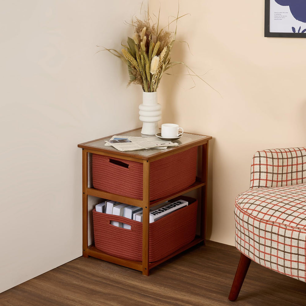 Living room display of MiniArk oxide red decorative storage baskets