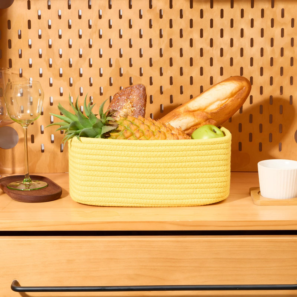 MiniArk decorative yellow bin enhances living room while concealing clutter.