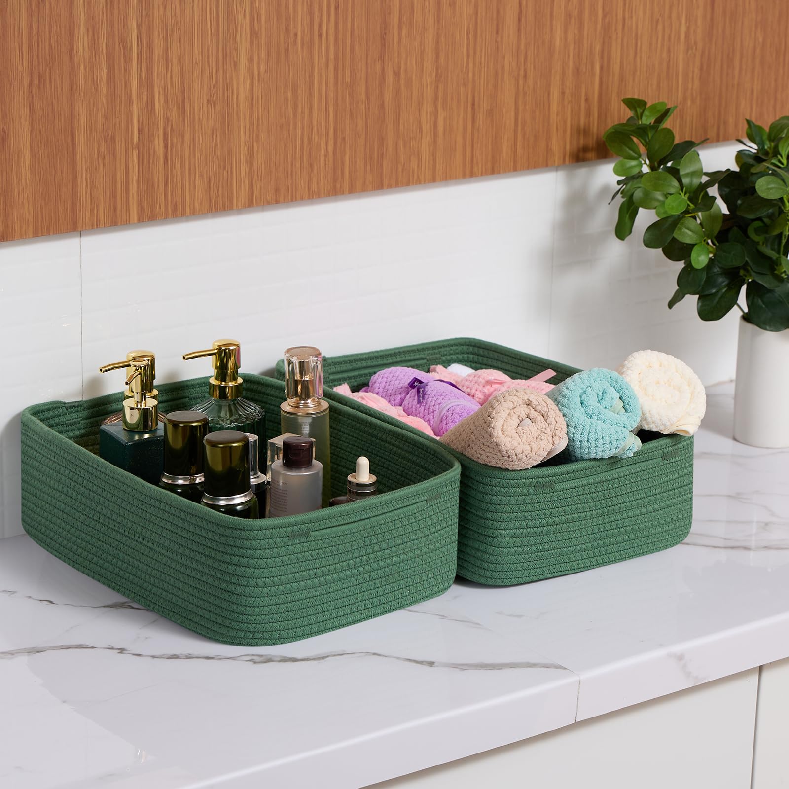 MiniArk green baskets used as dresser storage with decorative texture