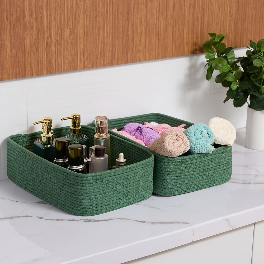 MiniArk green baskets used as dresser storage with decorative texture