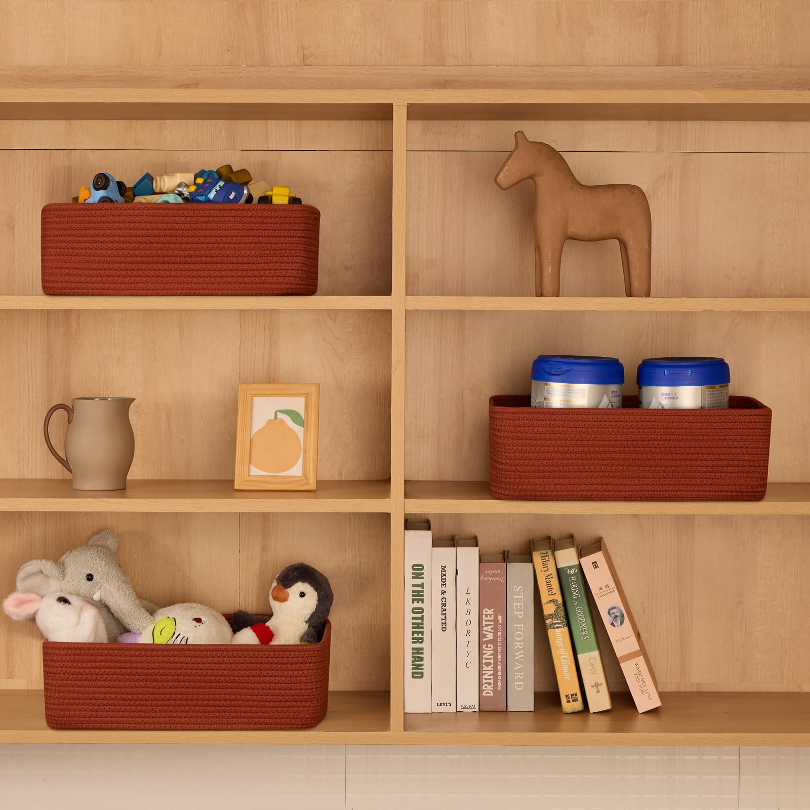 MiniArk large basket on a shelf for clothes and toys.