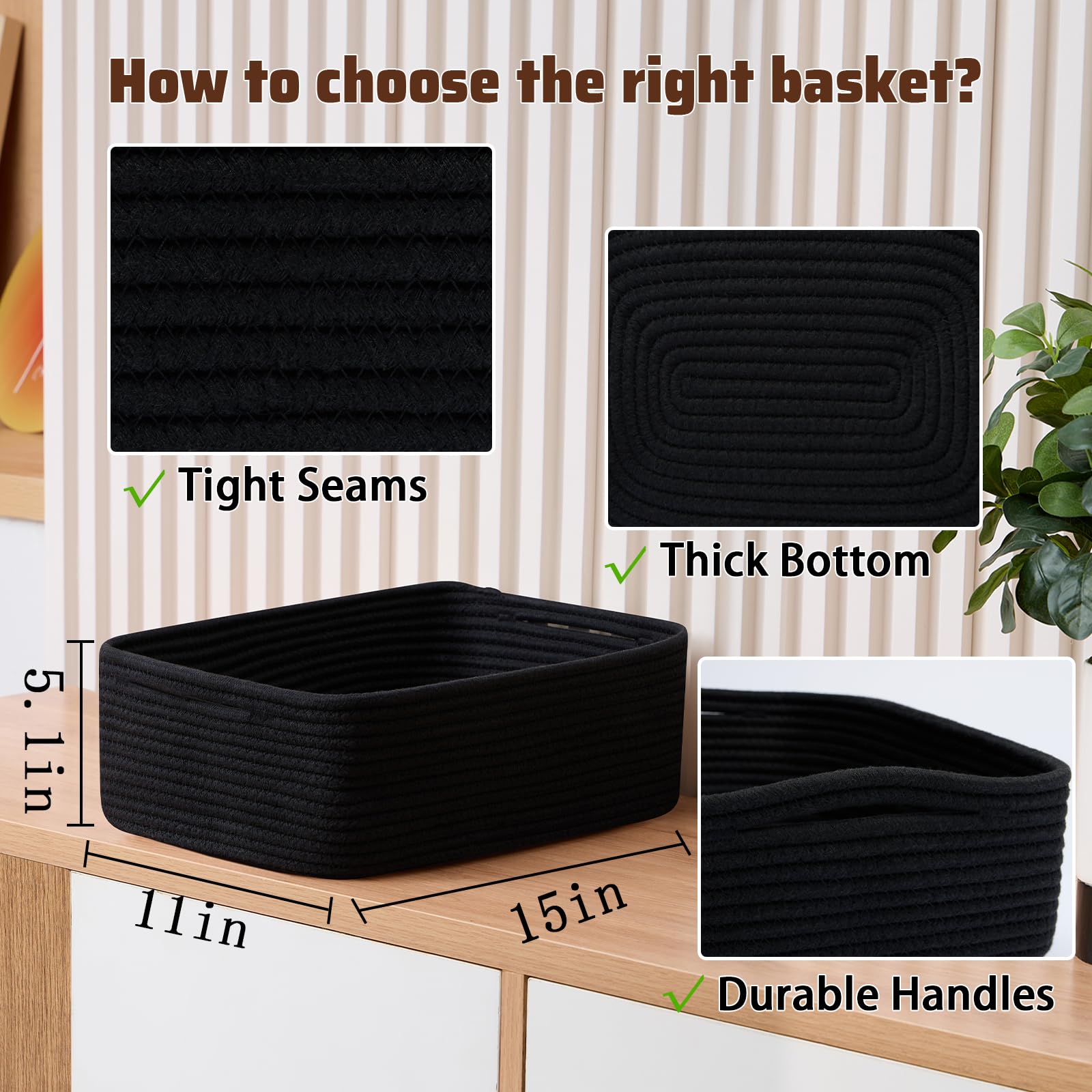 MiniArk large rope basket in black, side view for versatile organization.