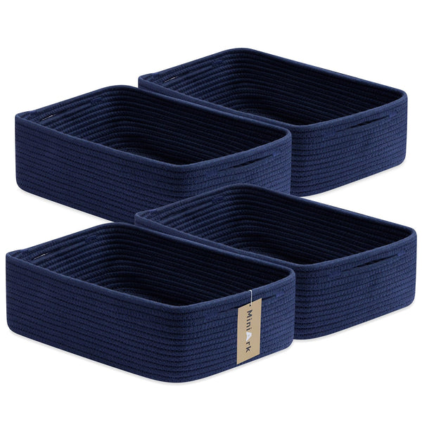 MiniArk large shallow navy blue basket for bathroom organization and towel storage.