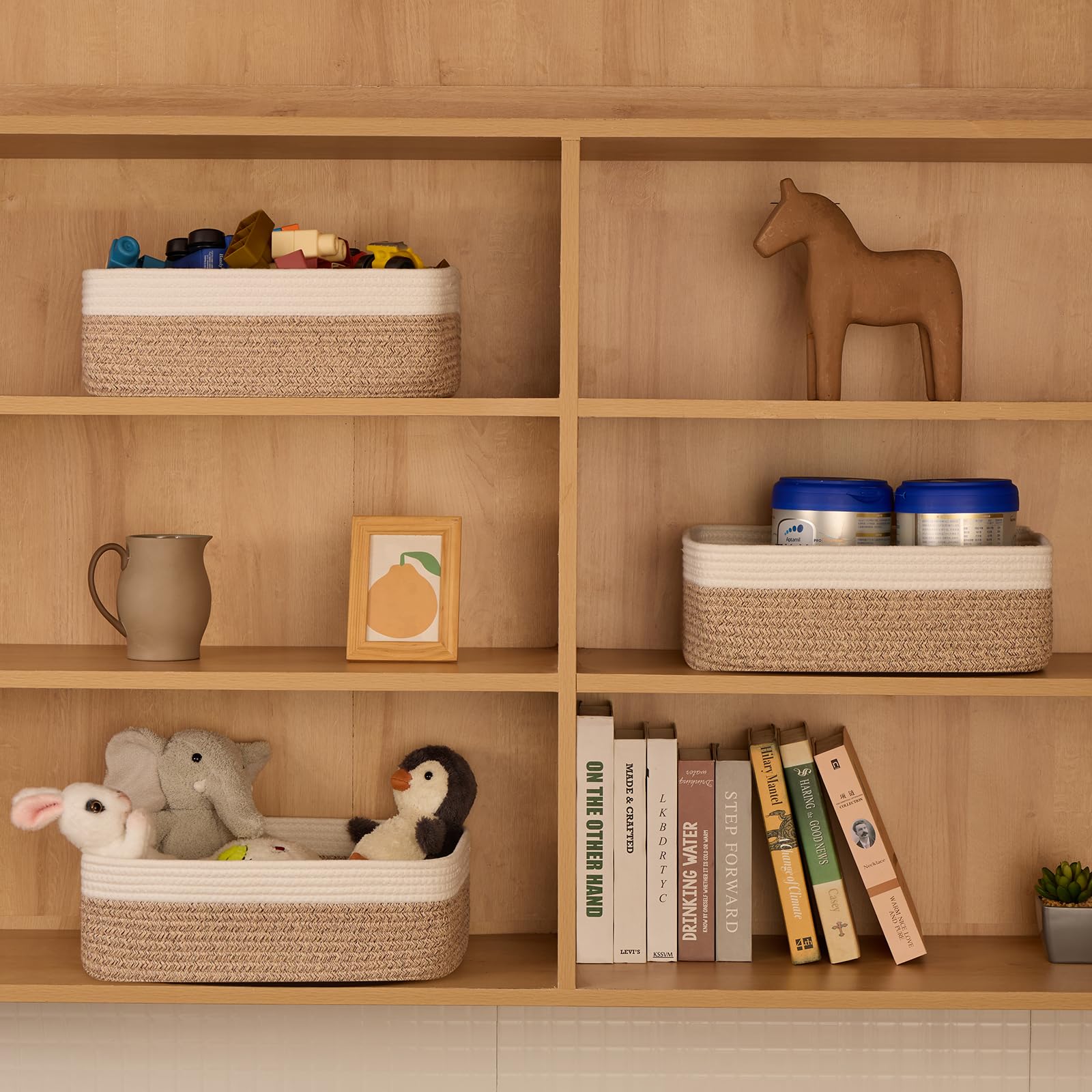 MiniArk large shallow basket on bathroom shelf keeps essentials organized and accessible.