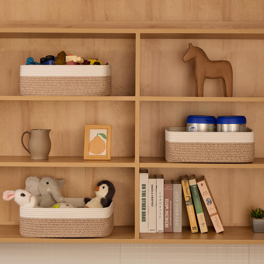 MiniArk large shallow basket on bathroom shelf keeps essentials organized and accessible.