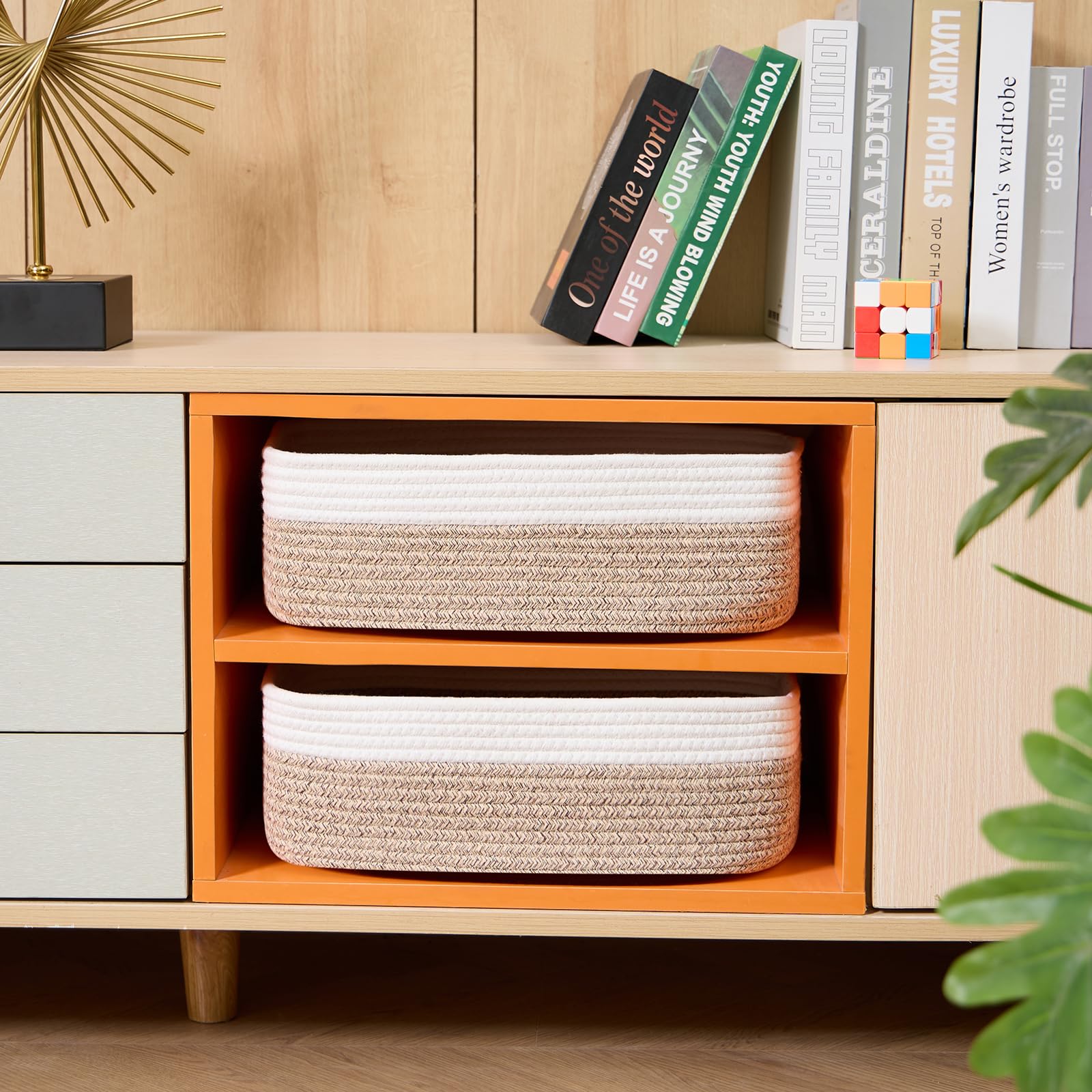 MiniArk large shallow basket in cube closet adds soft, stylish organization.