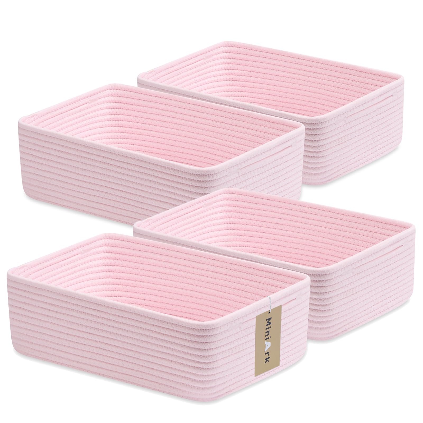MiniArk large shallow baskets in rose pink, front view for tidy bathroom storage