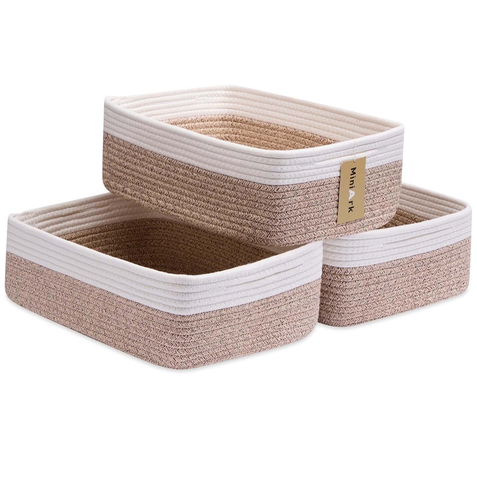 MiniArk large shallow basket holds towels and blankets for tidy storage.