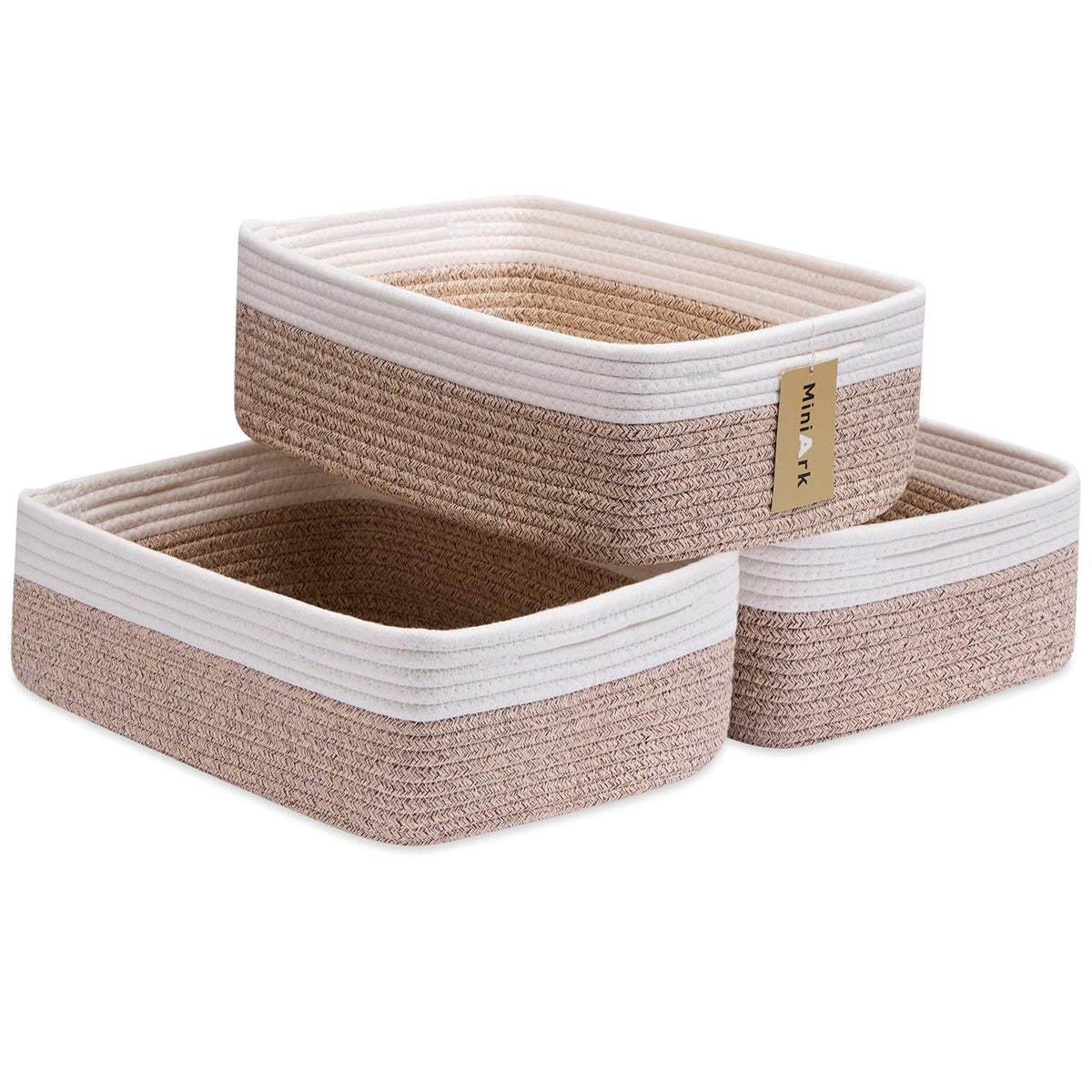 MiniArk large shallow basket holds towels and blankets for tidy storage.