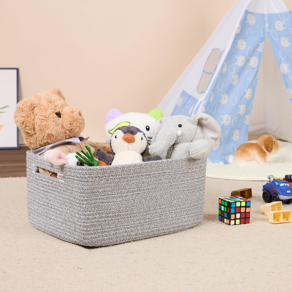 MiniArk basket filled with toys illustrates versatile playroom storage.