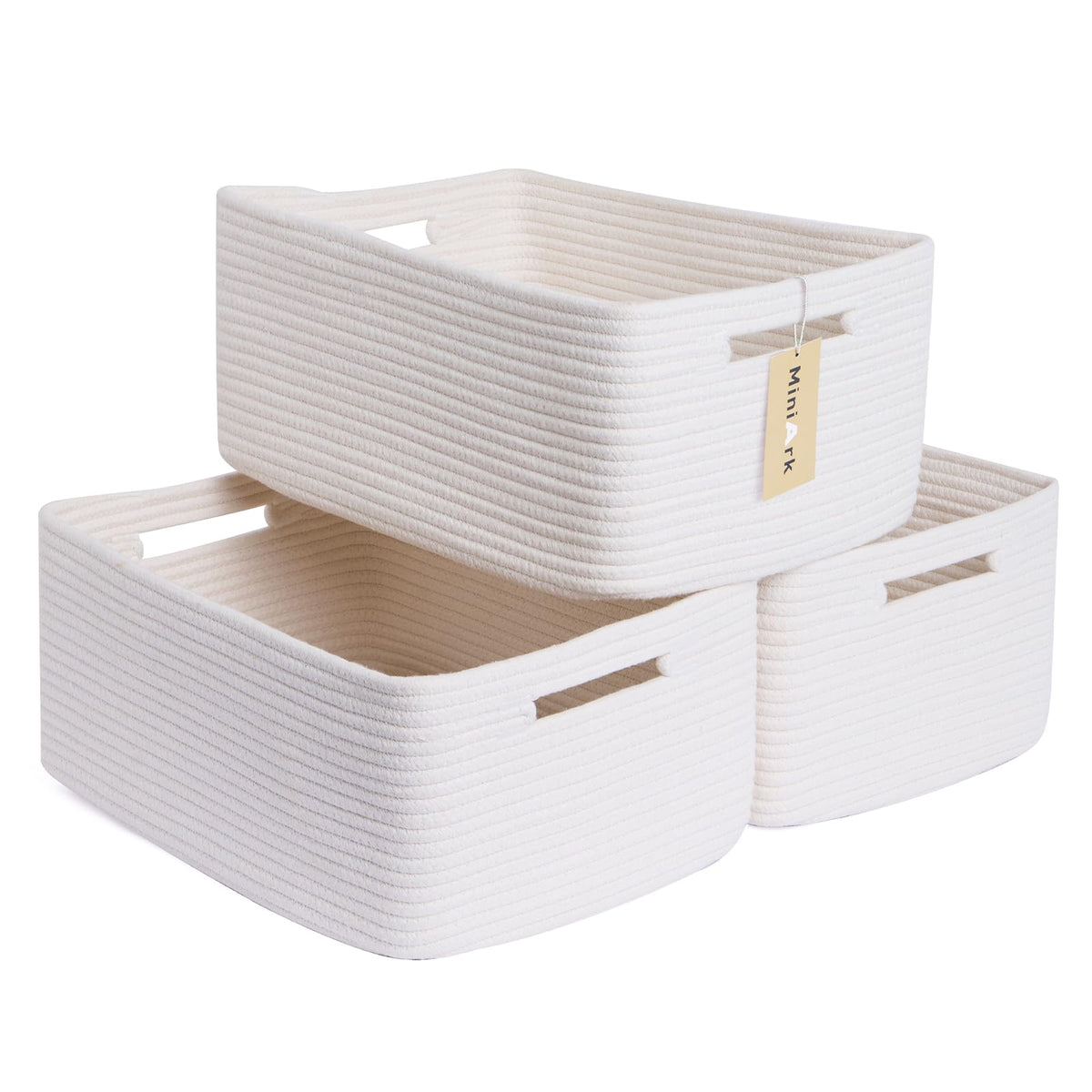 MiniArk large storage baskets front view on shelf for organized clothing and toys.