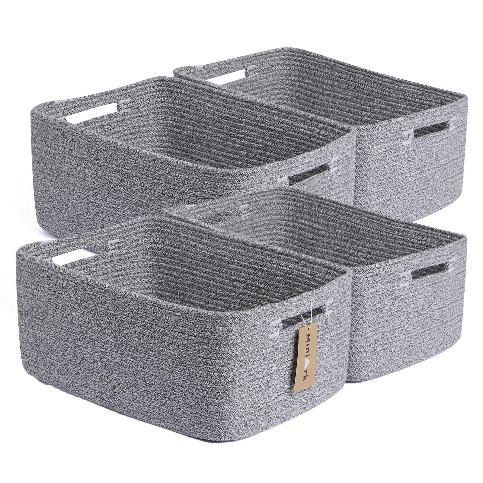 MiniArk large storage baskets on a closet shelf for organized clothing and linens.