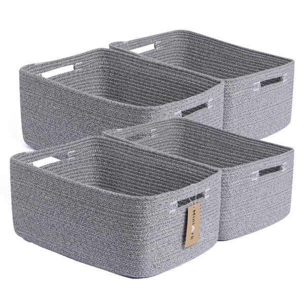 MiniArk large storage baskets on a closet shelf for organized clothing and linens.