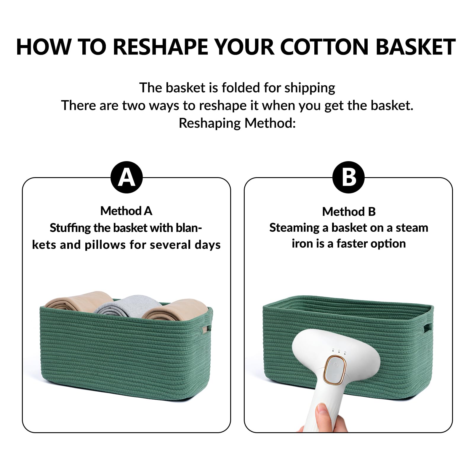 MiniArk large storage baskets in green — on a closet shelf with minimalist design.