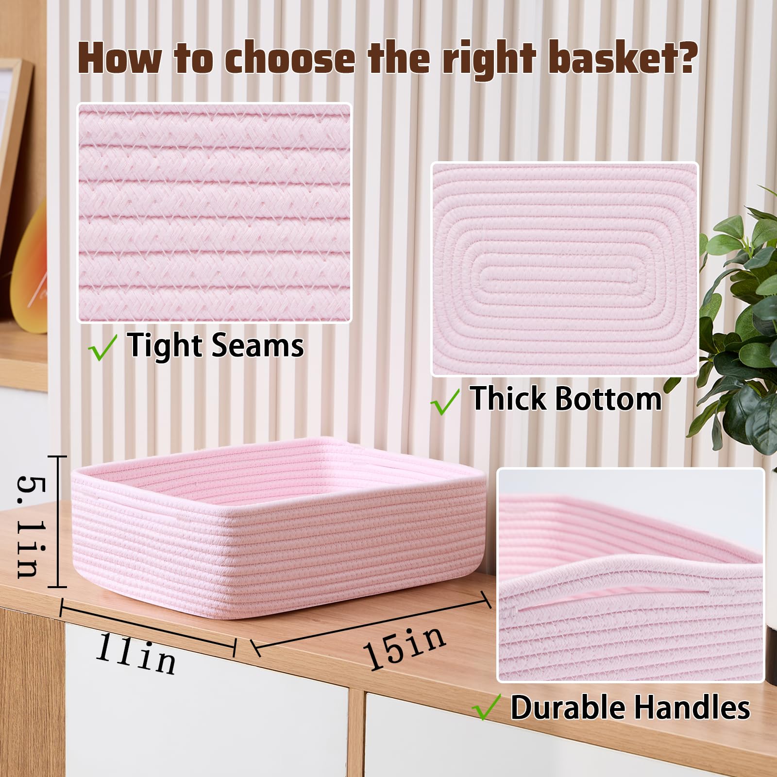 MiniArk light-pink rope-woven storage bin for keeping toys organized on shelves.